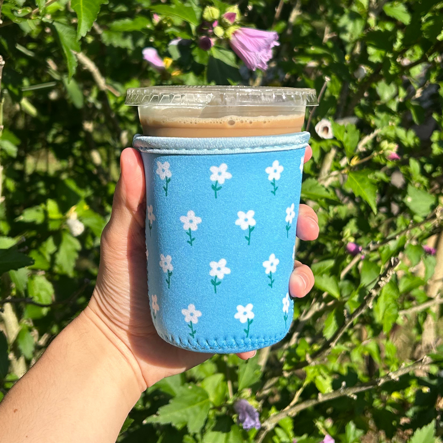 Blue and White Flower Field Iced Coffee Drink Sleeve