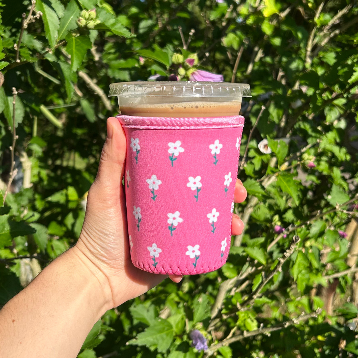 Pink and White Flower Field Iced Coffee Drink Sleeve