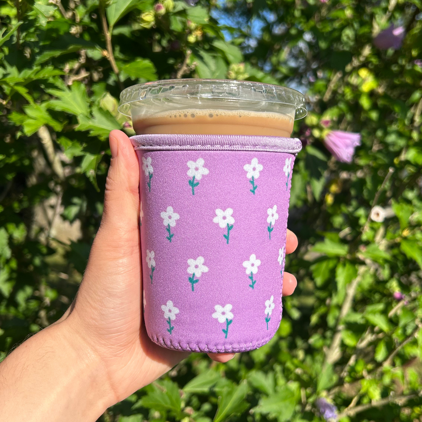 Purple and White Flower Field Iced Coffee Drink Sleeve
