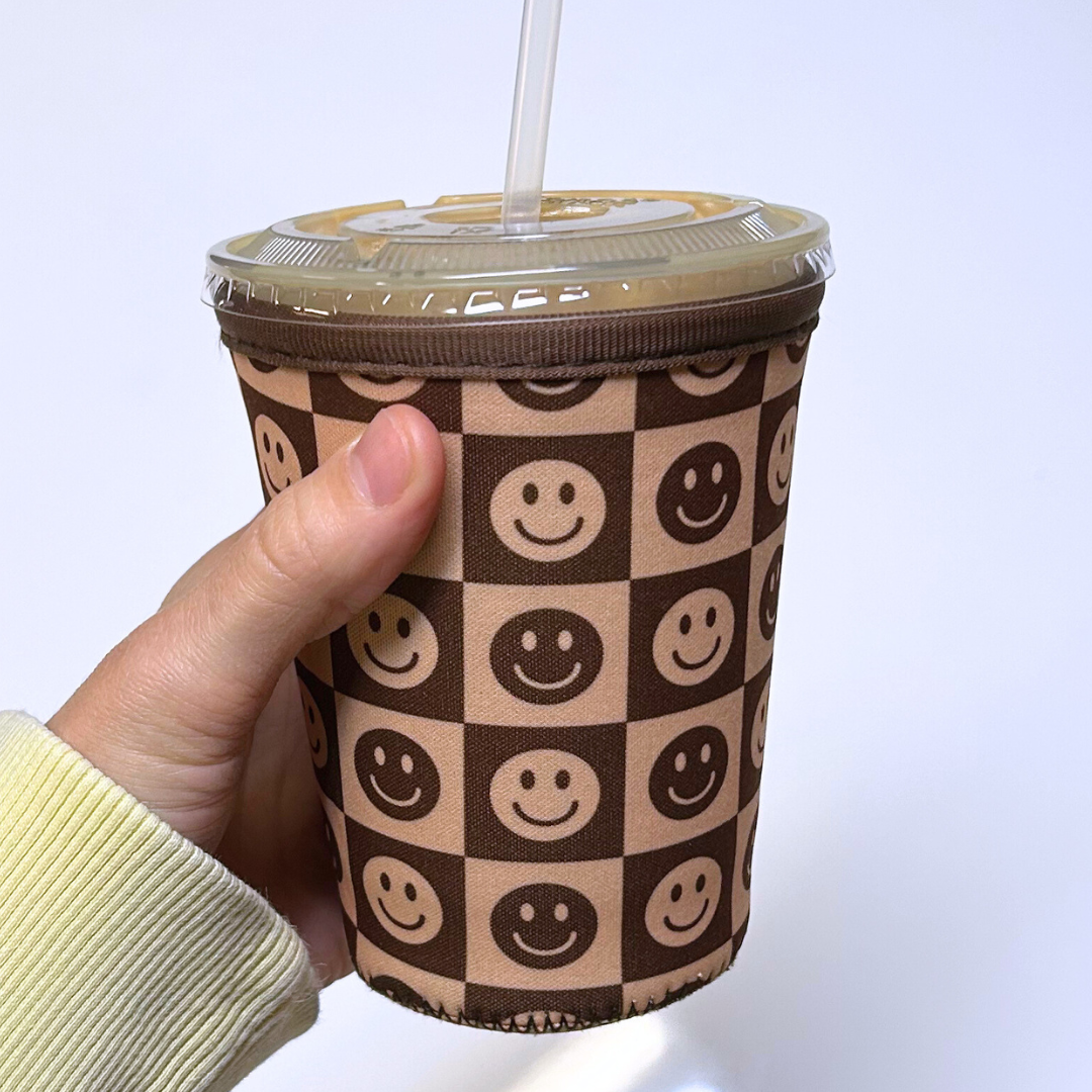 Brown Checkered Smiley Iced Coffee Drink Sleeve