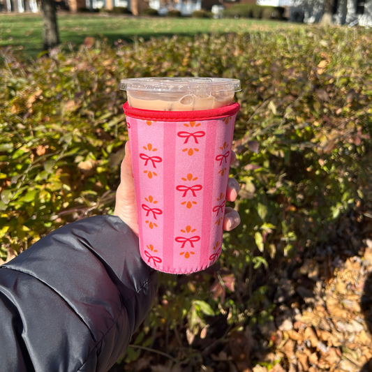 Festive Bows and Stripes Pink Iced Coffee Drink Sleeve