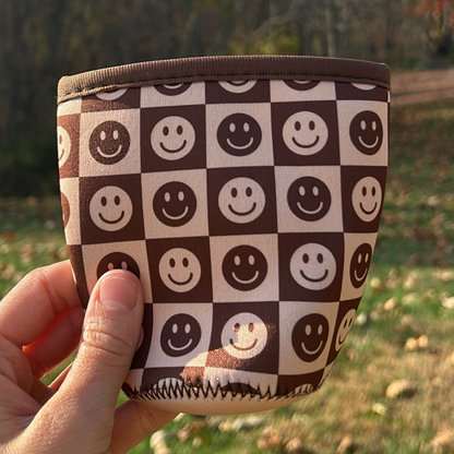 Brown Checkered Smiley Iced Coffee Drink Sleeve