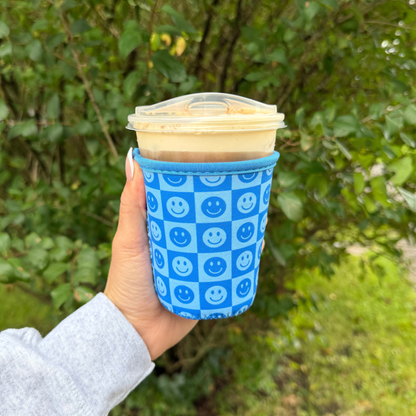 Blue Checkered Smiley Iced Coffee Drink Sleeve