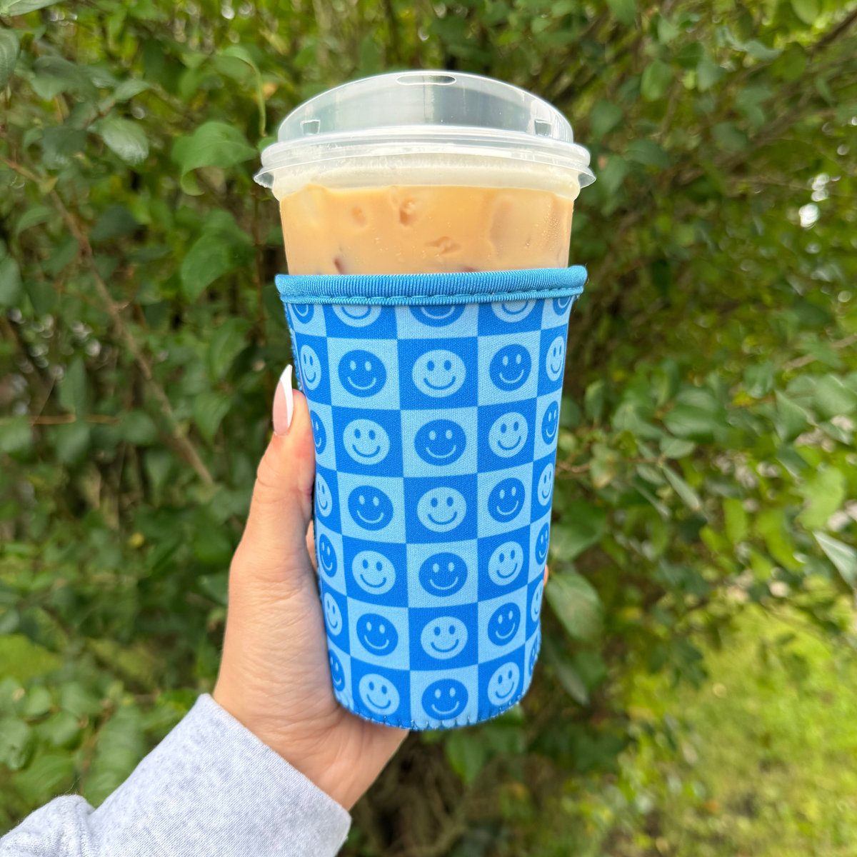 Blue Checkered Smiley Iced Coffee Drink Sleeve