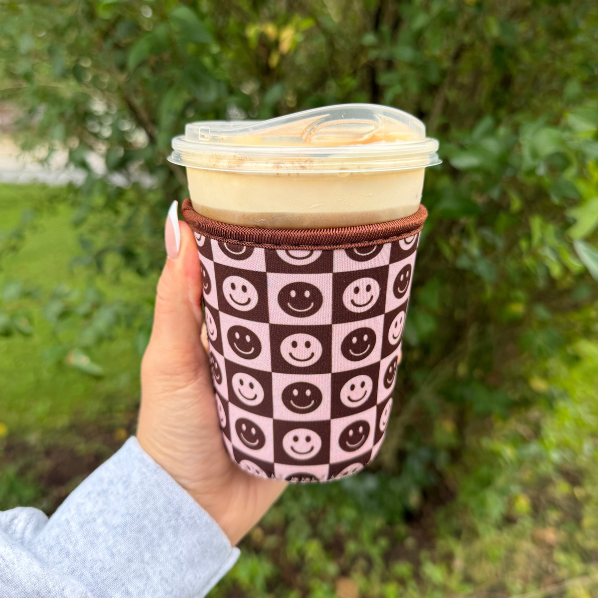 Brown Checkered Smiley Iced Coffee Drink Sleeve