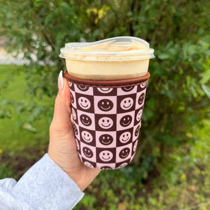 Brown Checkered Smiley Iced Coffee Drink Sleeve