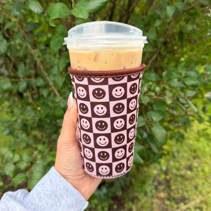 Brown Checkered Smiley Iced Coffee Drink Sleeve