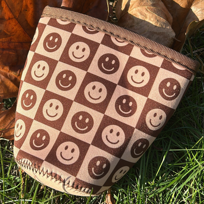 Brown Checkered Smiley Iced Coffee Drink Sleeve