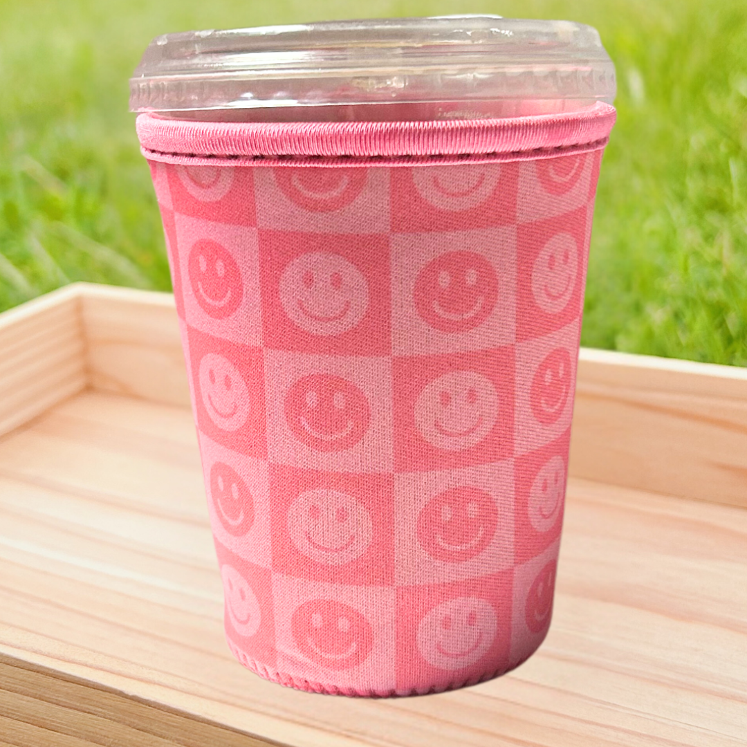 Pink Checkered Smiley Iced Coffee Drink Sleeve