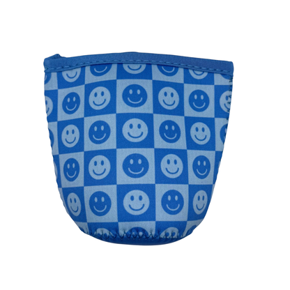 Blue Checkered Smiley Iced Coffee Drink Sleeve