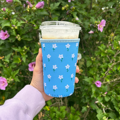 Blue and White Flower Field Iced Coffee Drink Sleeve