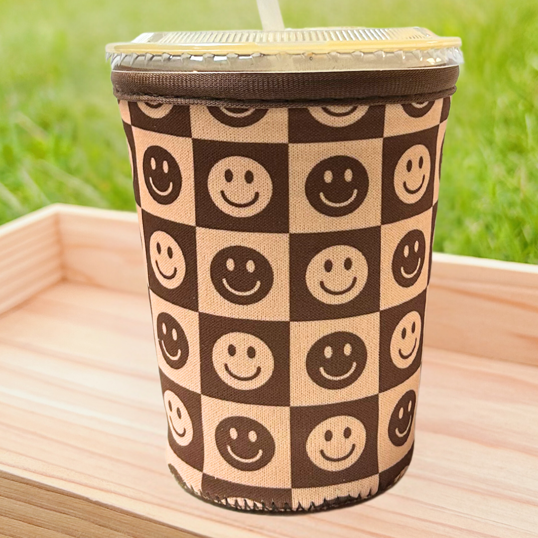 Brown Checkered Smiley Iced Coffee Drink Sleeve