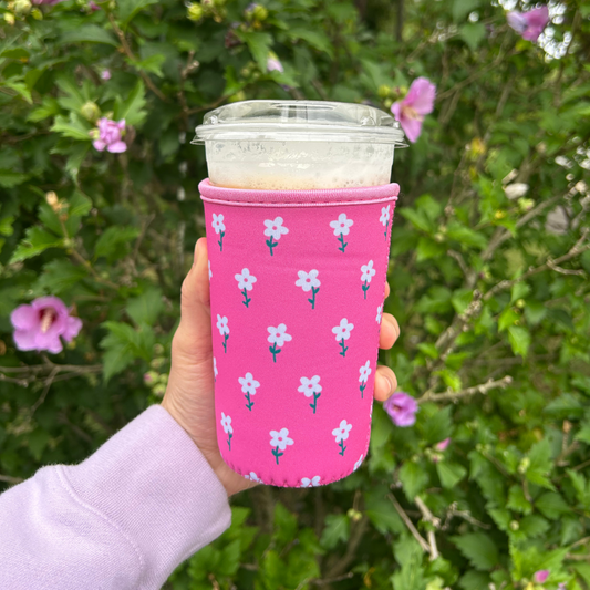 Pink and White Flower Field Iced Coffee Drink Sleeve