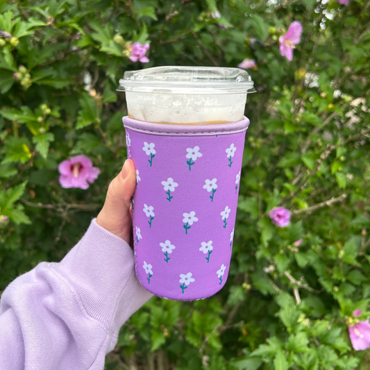 Purple and White Flower Field Iced Coffee Drink Sleeve